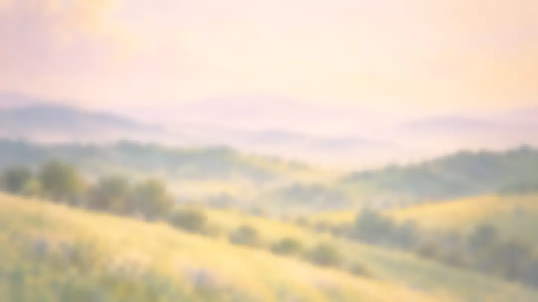 Painting of rolling green hills and valleys in hazy morning light