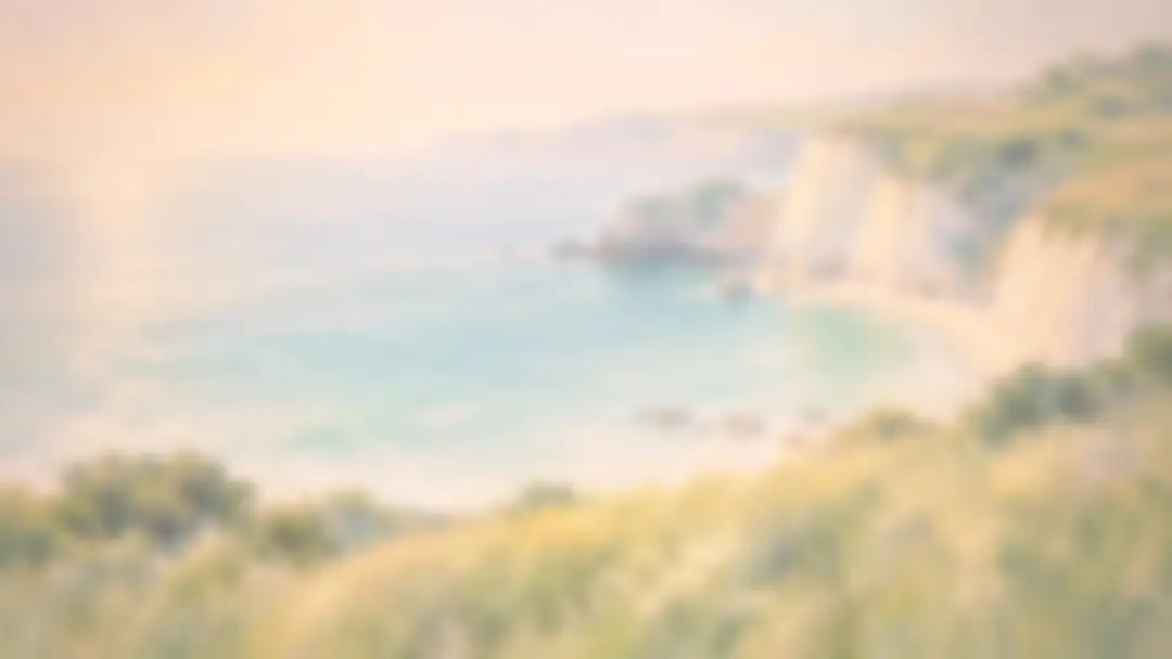 Painting of white chalk cliffs above a sunlit turquoise bay