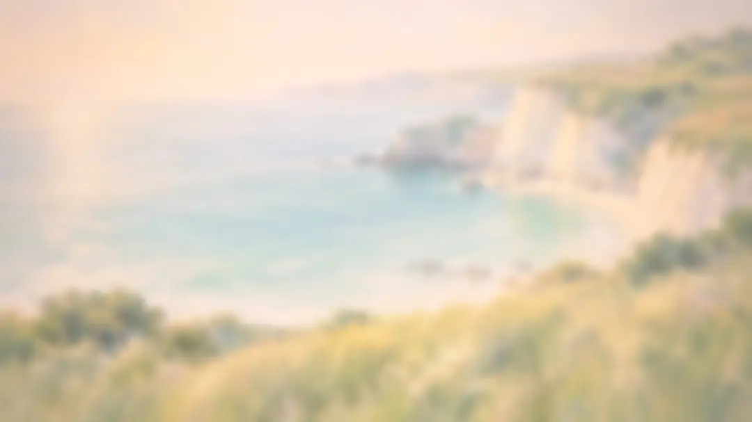 Painting of white chalk cliffs above a sunlit turquoise bay