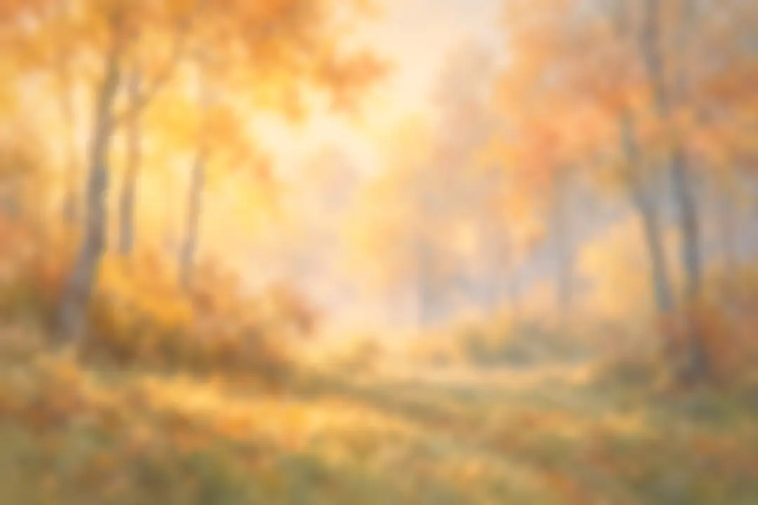 Painting of an autumn birch wood glowing orange and gold