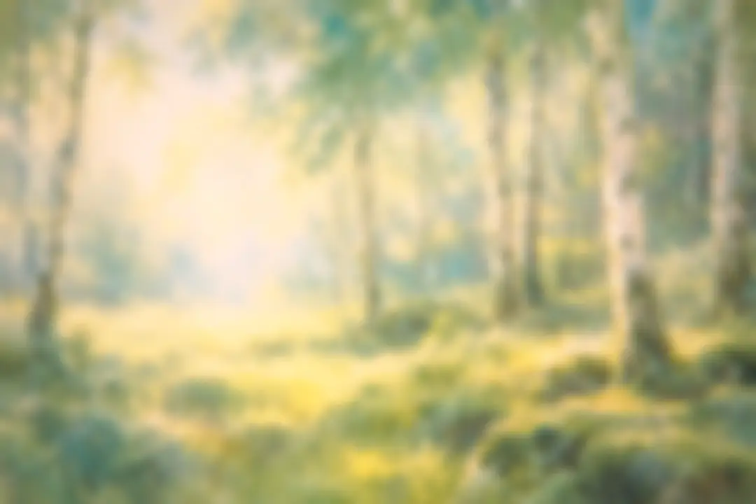 Painting of a sunlit birch forest with a mossy clearing