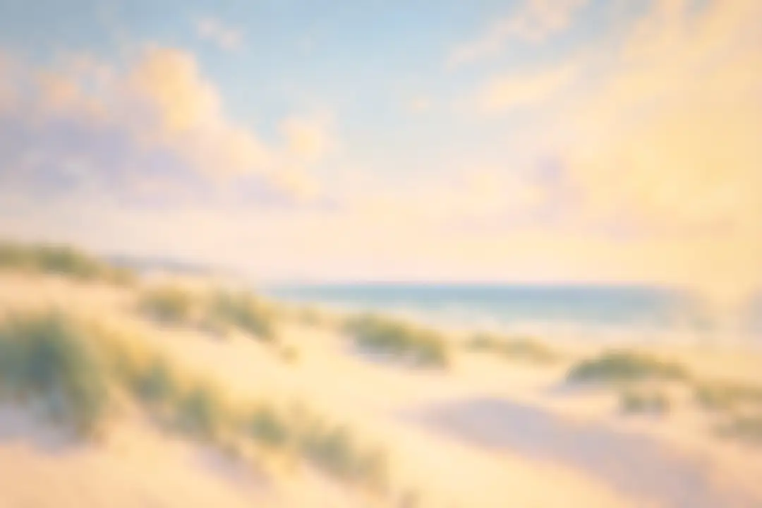 Painting of sand dunes and beach grass beside a calm sea