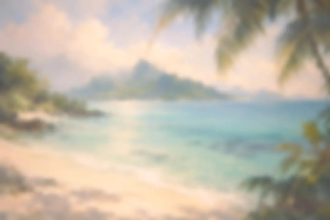 Painting of a tropical beach with turquoise water, palm leaves and a mountainous island