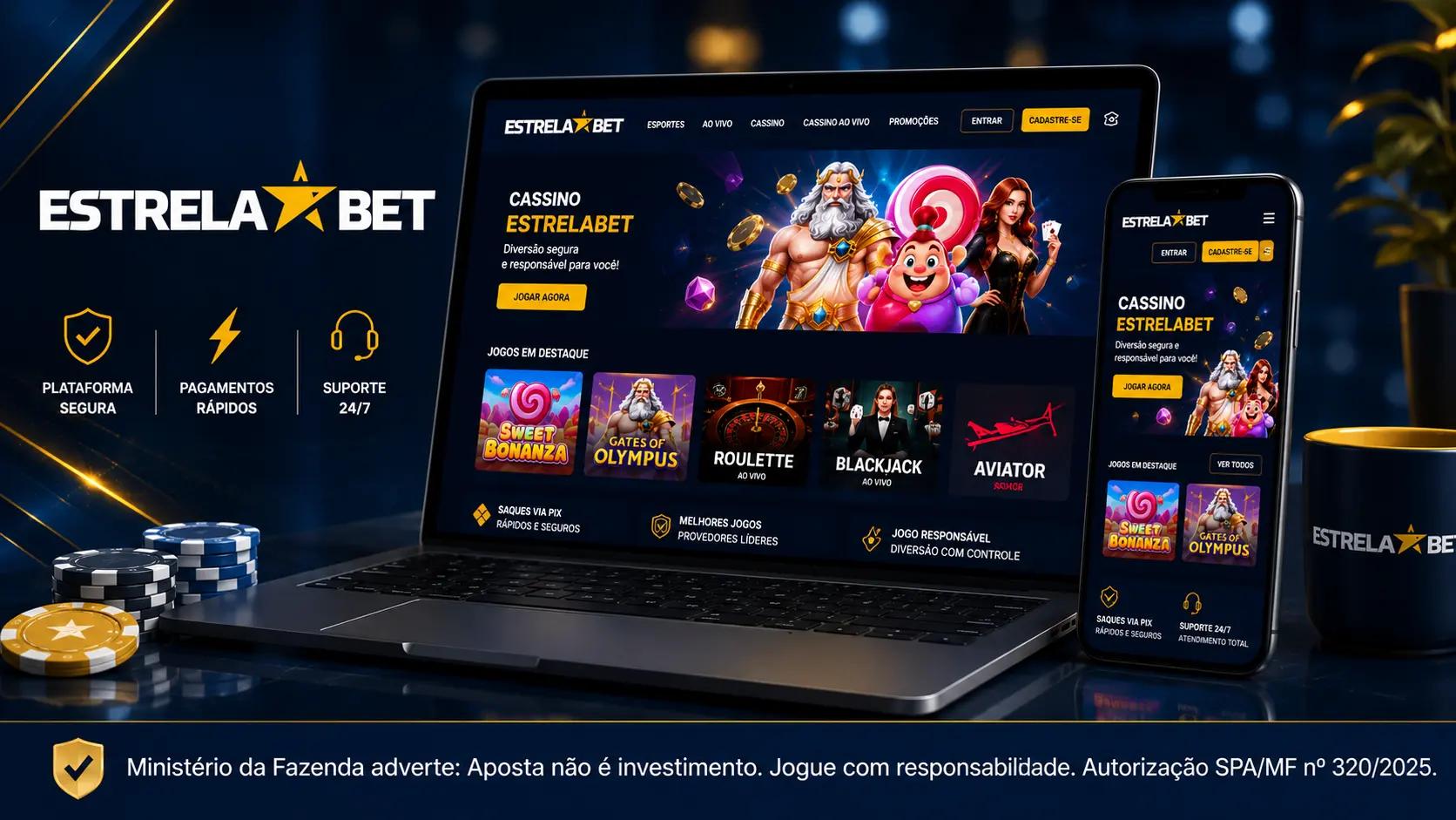 Plataforma EstrelaBet em desktop e mobile - Interface da plataforma EstrelaBet exibida em notebook e smartphone.