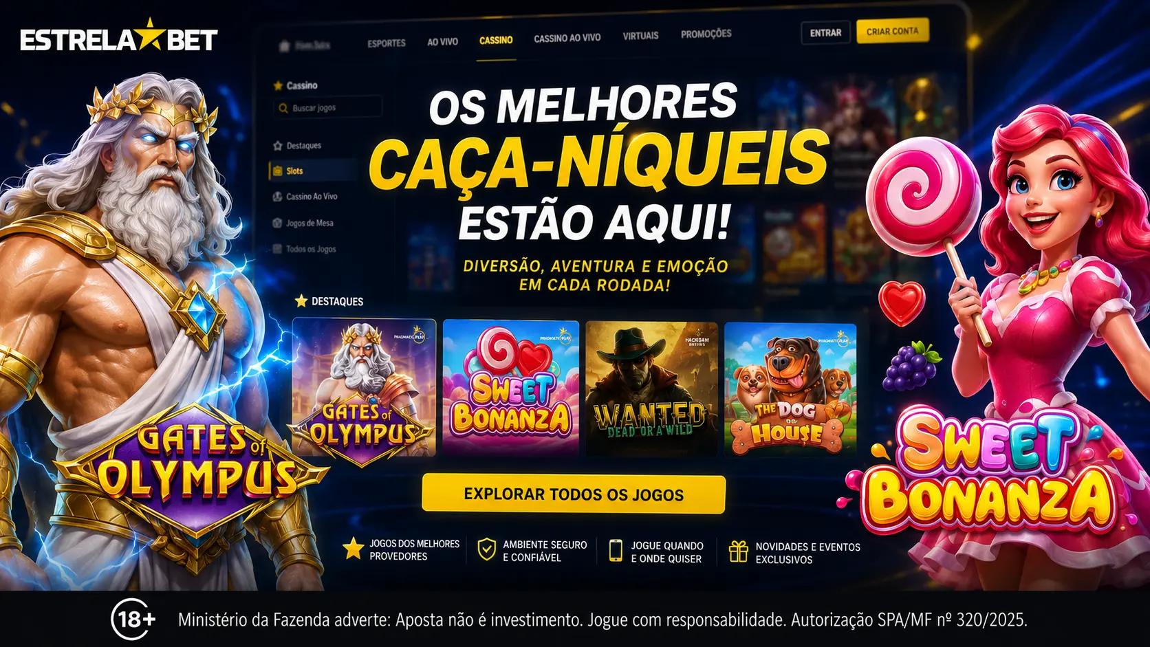 Banner com os principais slots disponíveis no Cassino EstrelaBet.