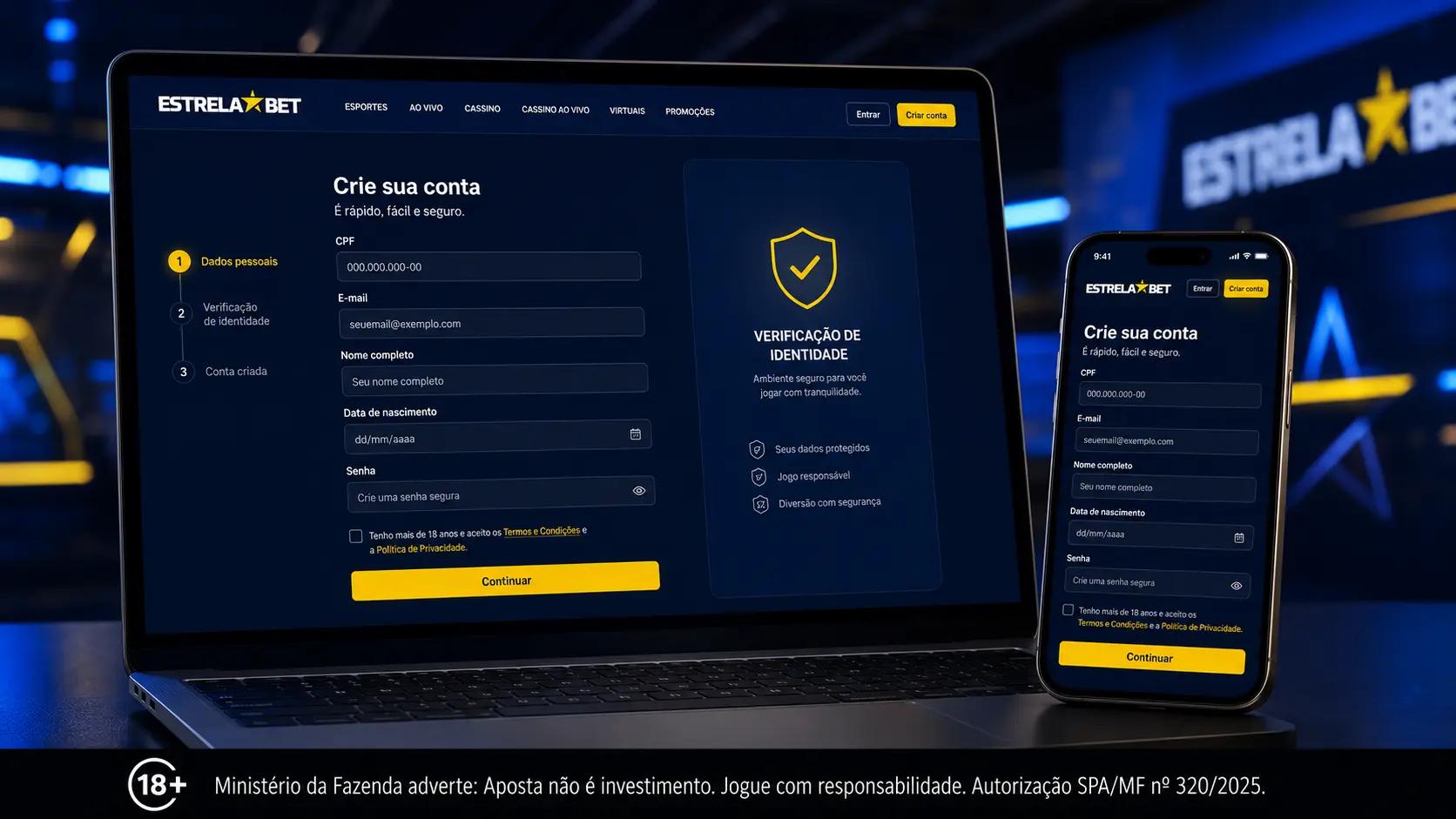 Mockup do cadastro da EstrelaBet em desktop e smartphone.