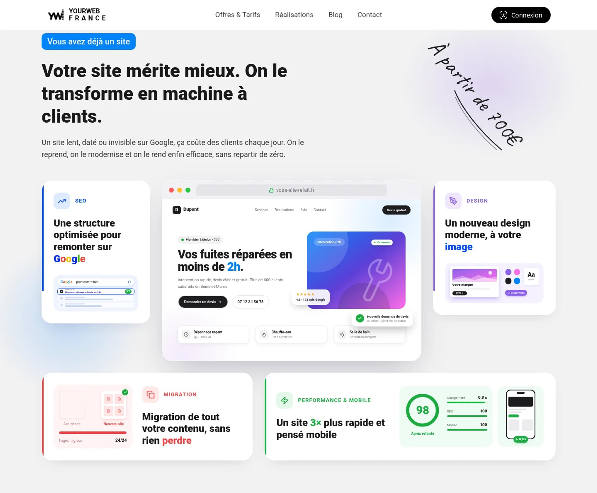 La section « Vous avez déjà un site », entièrement animée