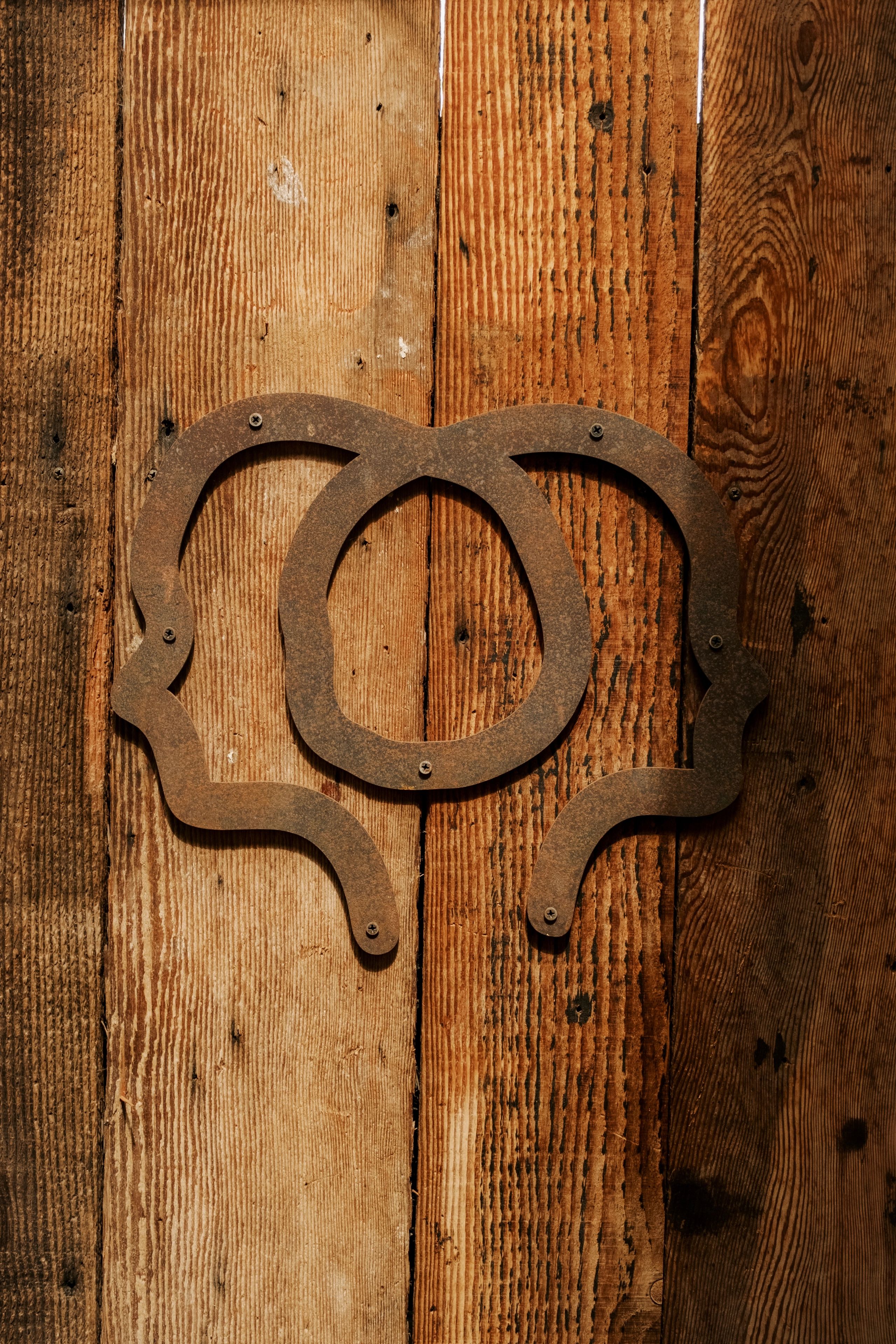 Likeminded's metal emblem mounted on a wood door.