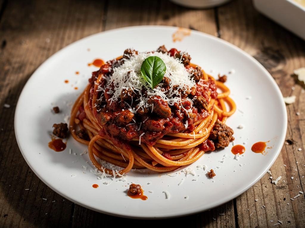 Tallerken med spaghetti og kjøttsaus toppet med revet parmesan.