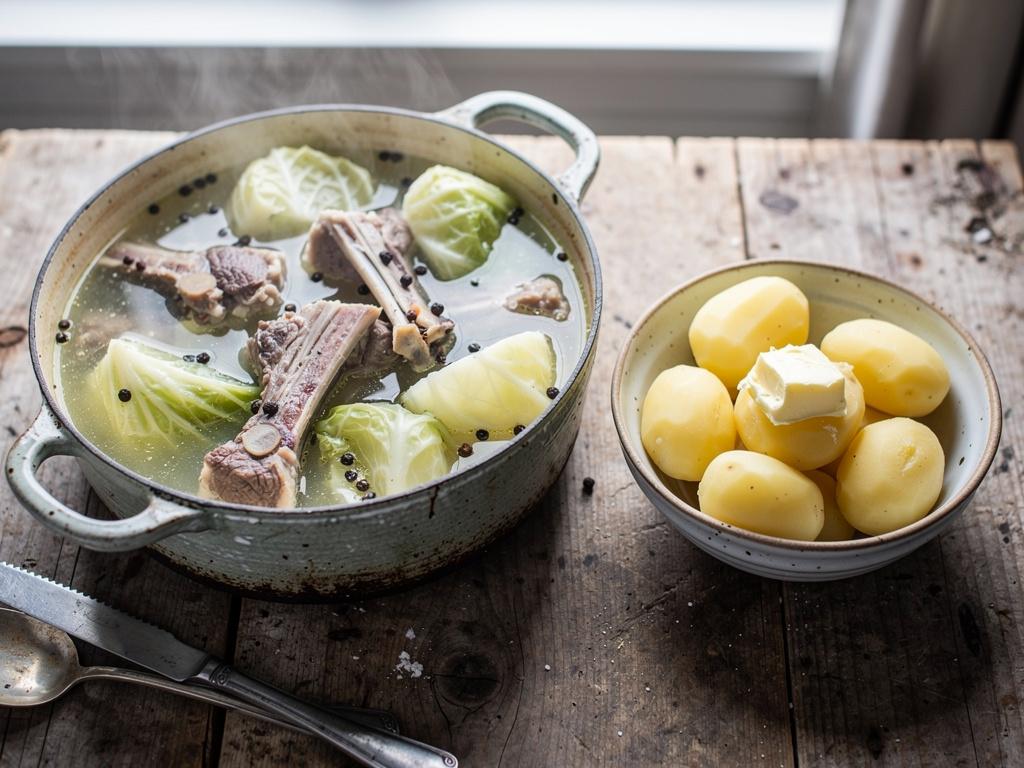 En gryte med fårikål med fårekjøtt, kål og hele pepperkorn, servert med kokte poteter