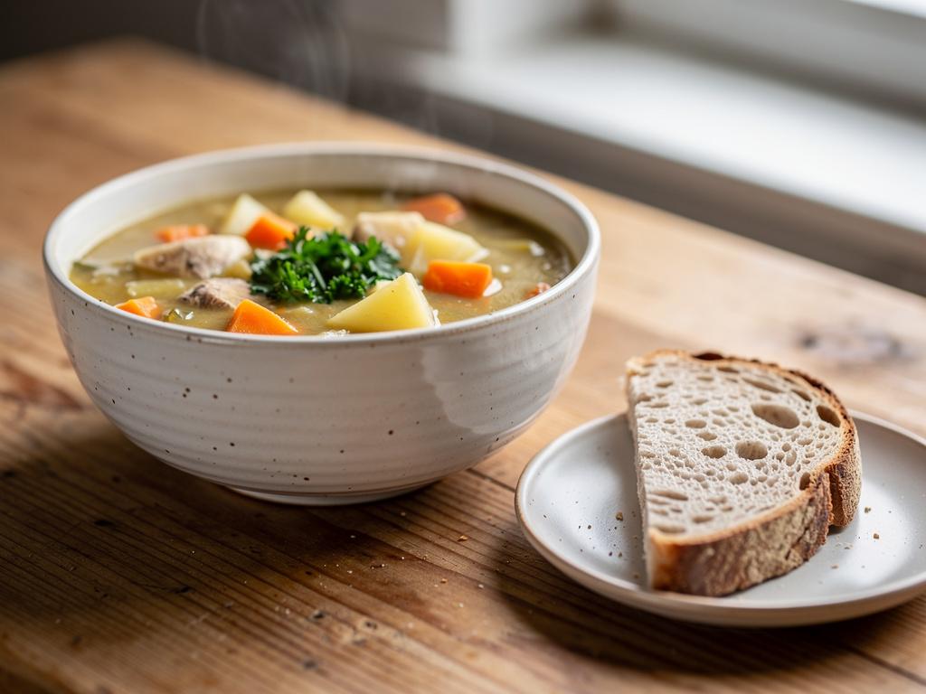 En skål grønnsakssuppe med gulrot, potet og kålrot, toppet med hakket persille.