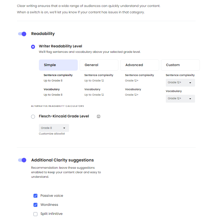 writer clarity settings