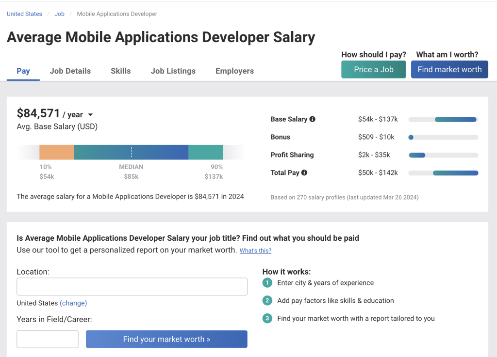 average mobile applications developer salary