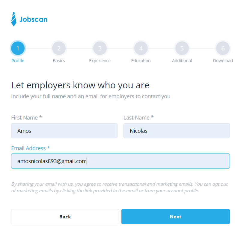 entering profile information on jobscan