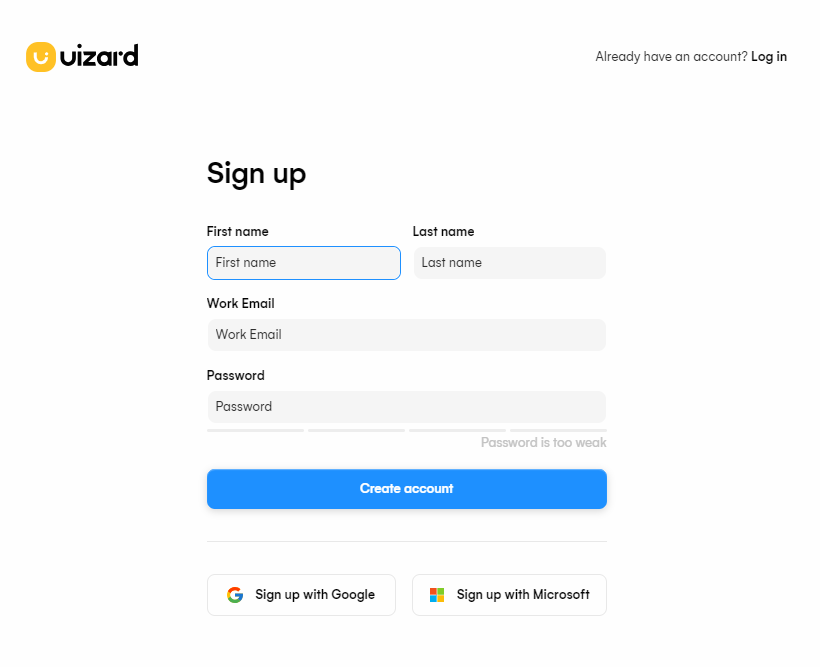 uizard sign up page