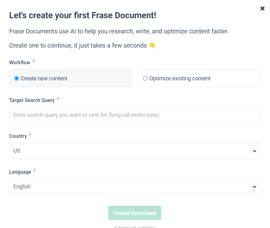 create first document with frase