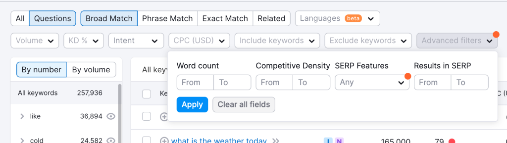 semrush advanced keyword filter feature