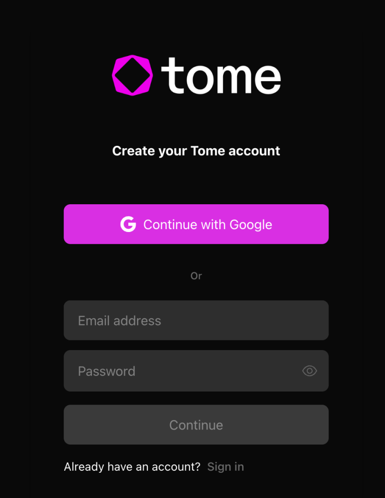 tome sign up page