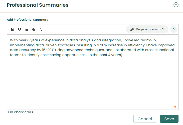 tealhq generated professional summary example