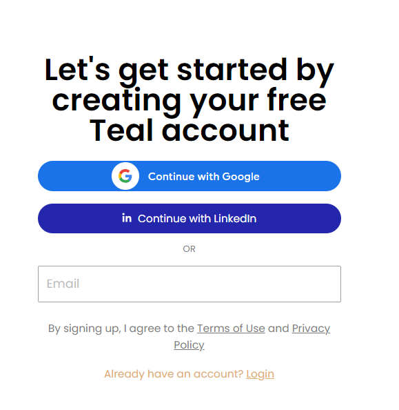 teal hq sign up page