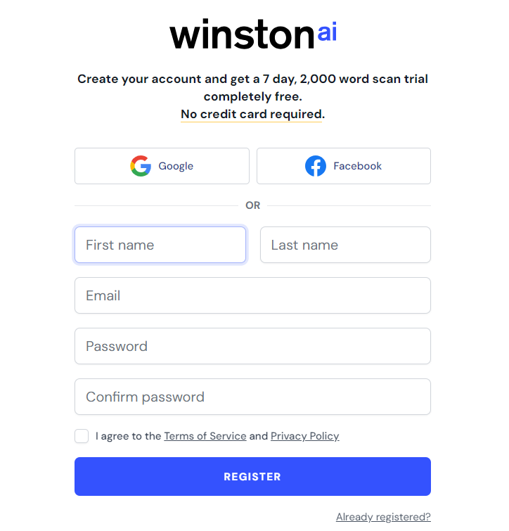 winston ai sign up page