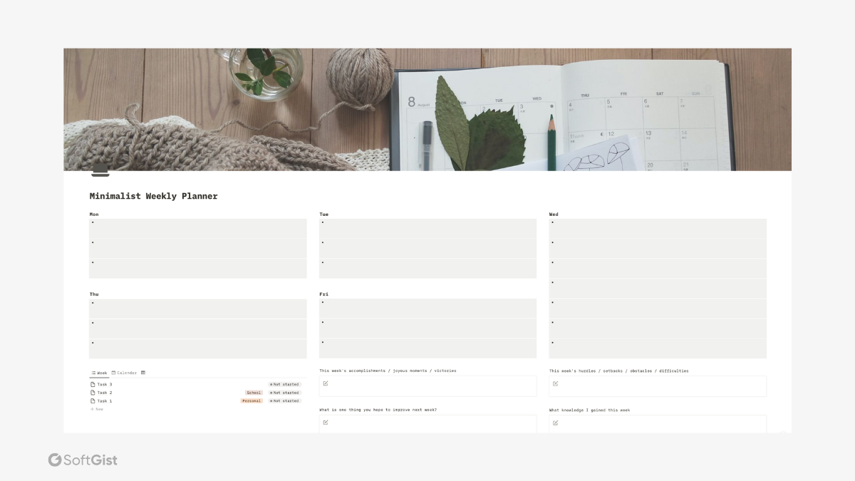 free notion minimalist weekly planner
