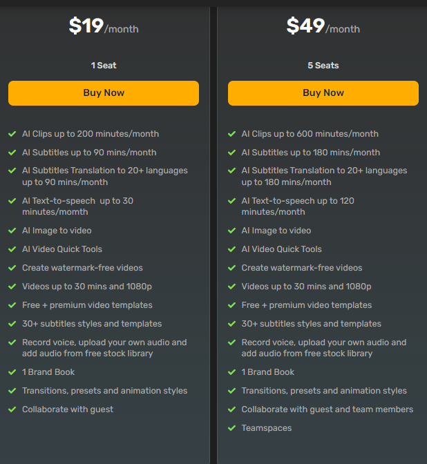 simplified ai video editor pricing