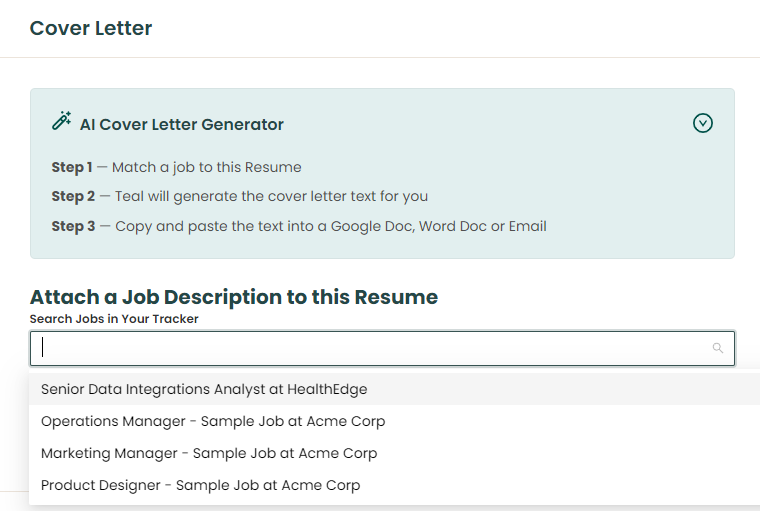 teal hq cover letter generator