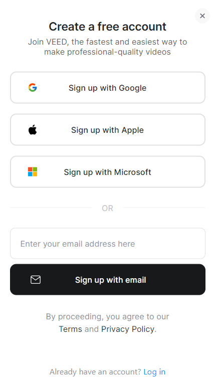 veed io sign up page