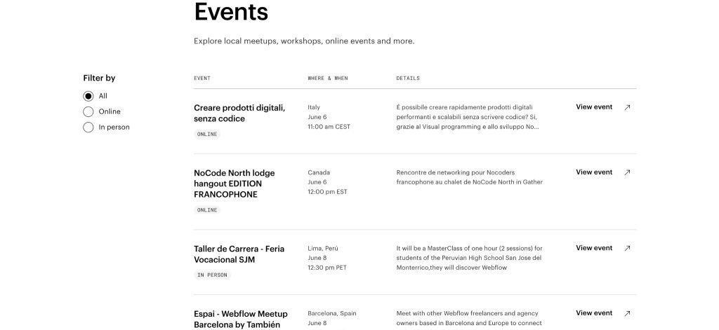 screenshot of webflow events