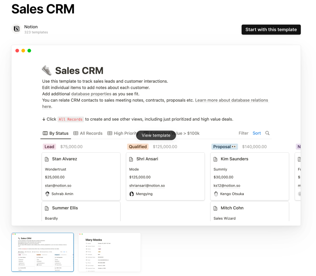 notion fully customizable crm template