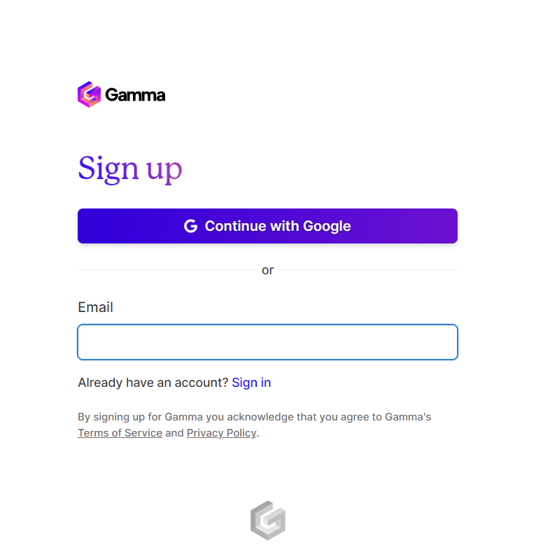 gamma ai sign up page