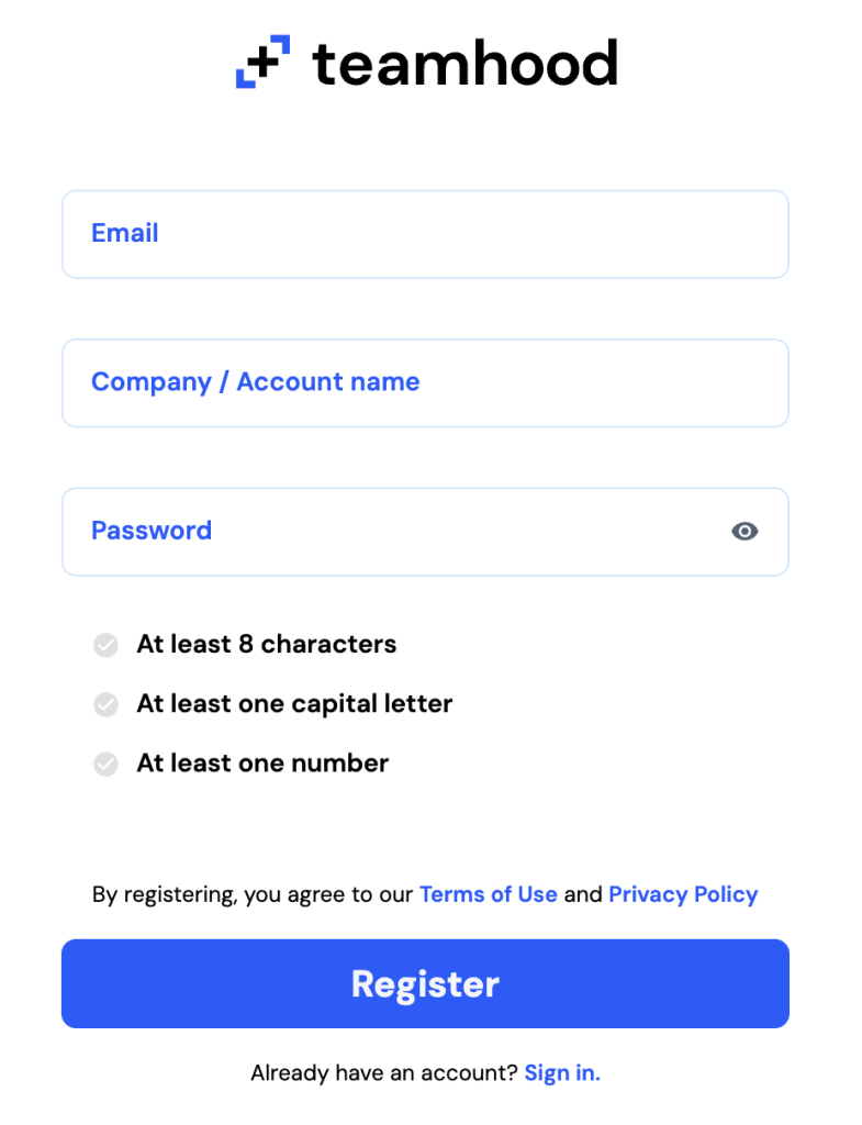 teamhood signup page