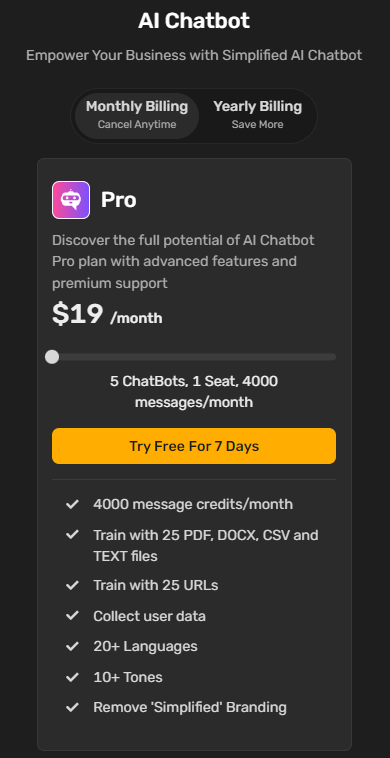 simplified ai chatbot pricing