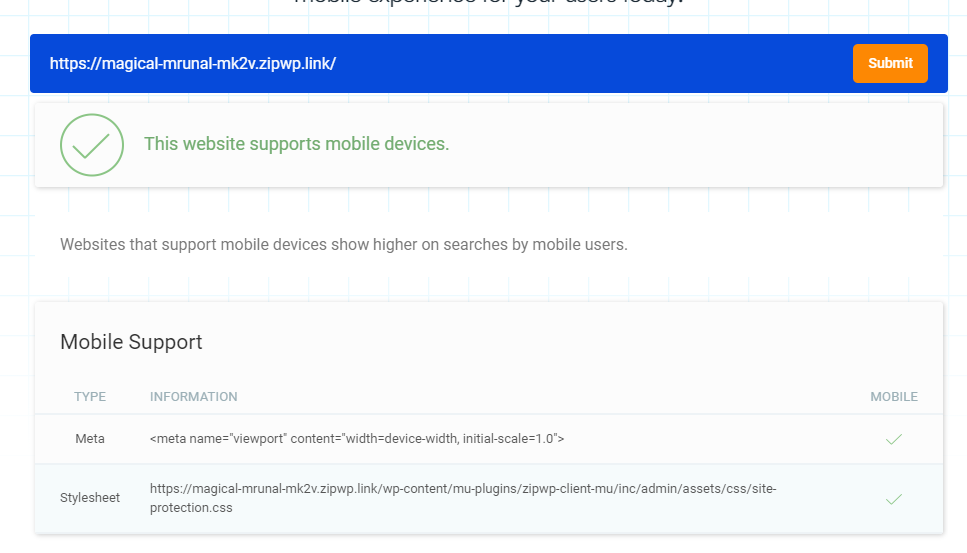 zipwp generated website mobile support