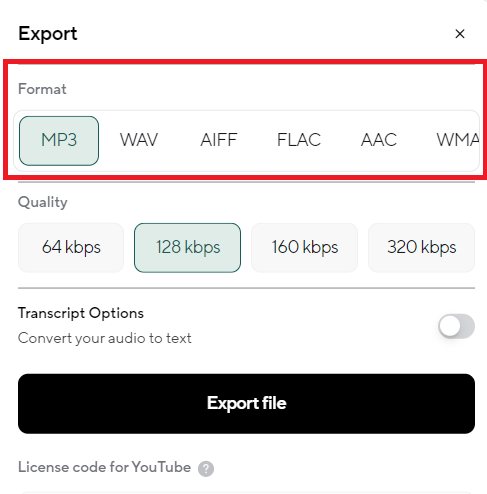 podcastle audio export settings
