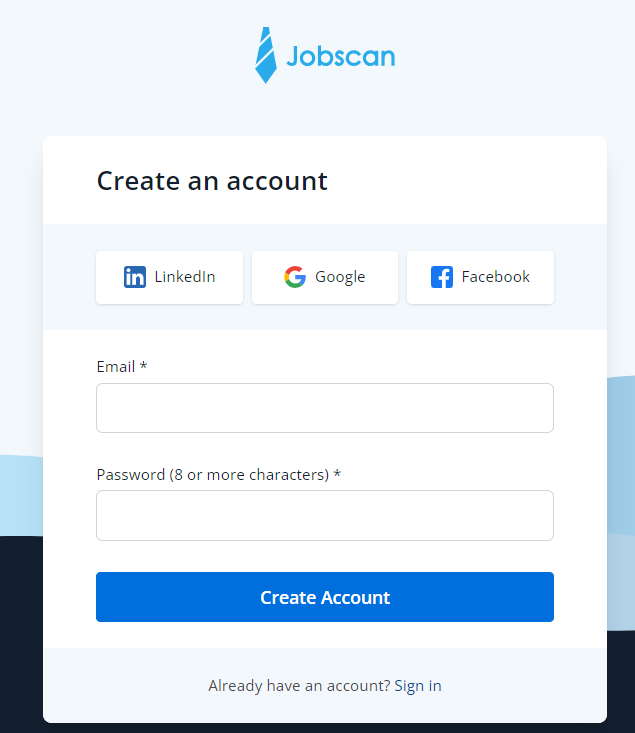 jobscan sign up page