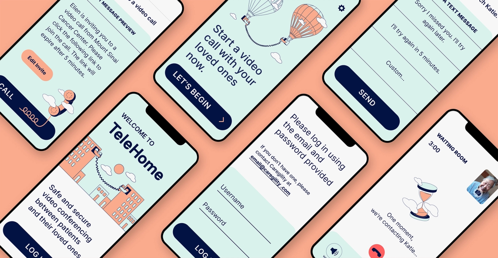 Various screens showing the pages of the app.