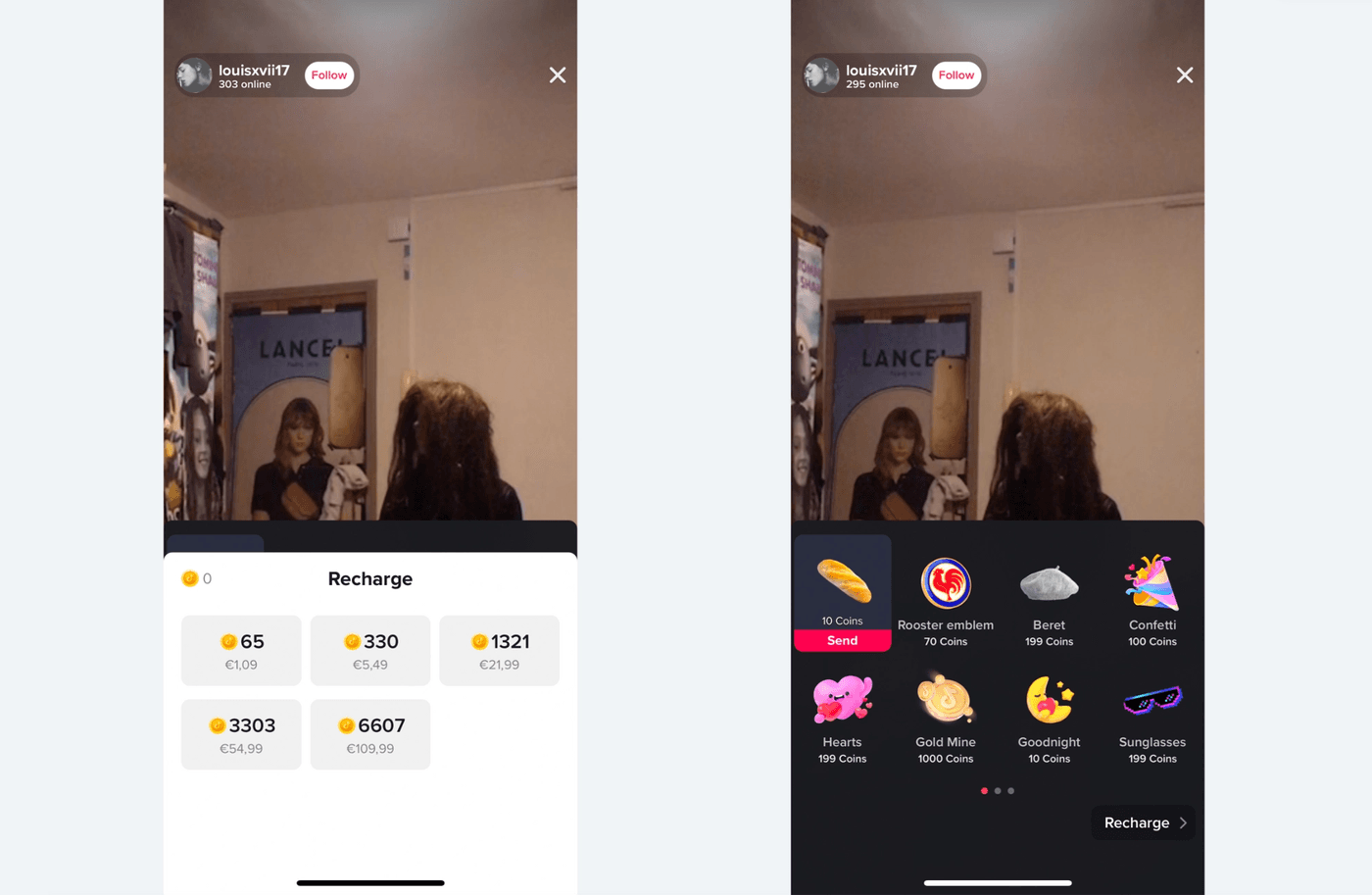 Capture d'écran don d'argent TikTok