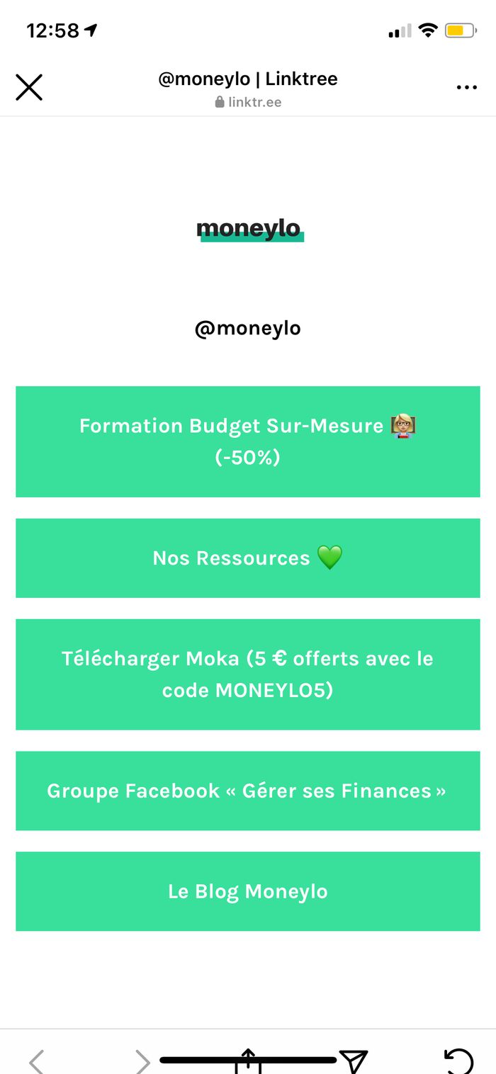 Capture d'écran Linktree compte Instagram Moneylo