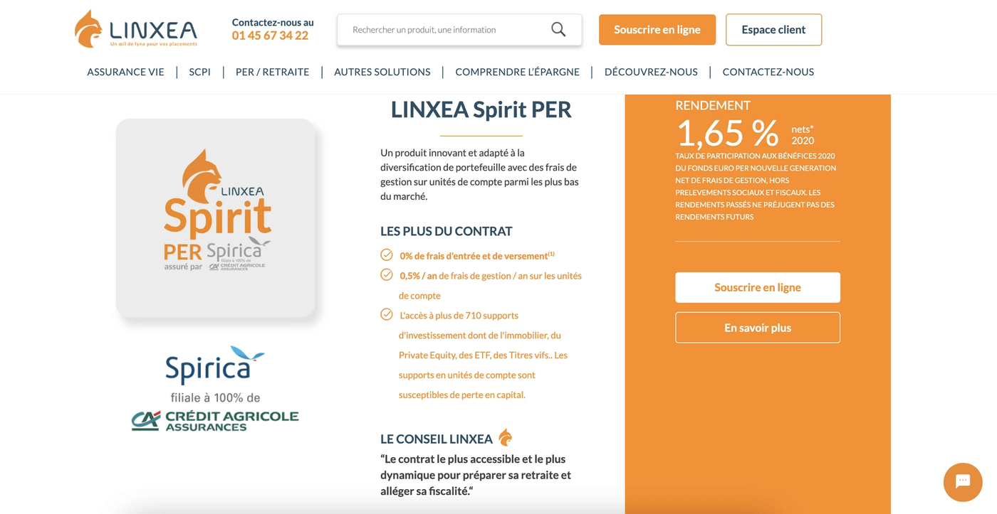 Capture écran site LINXEA Spirit PER