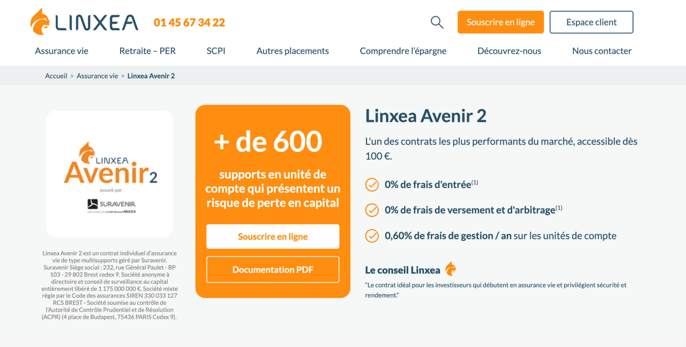 Capture d'écran de l'assurance-vie Linxea Avenir 2