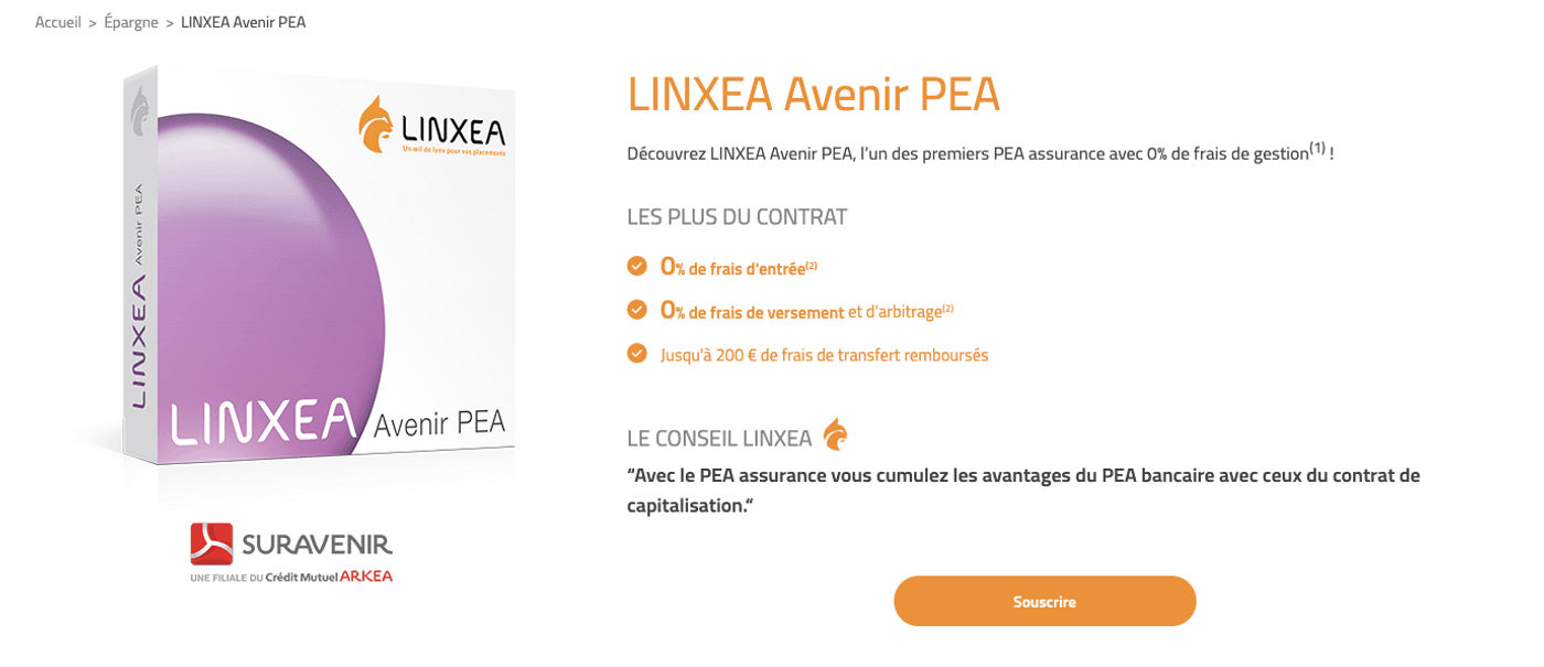 Capture d'écran de la page LINXEA Avenir PEA