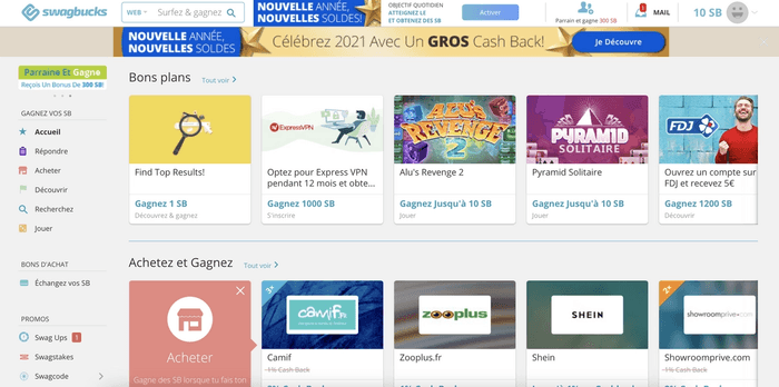 Capture d'écran de la page d'accueil de Swagbucks
