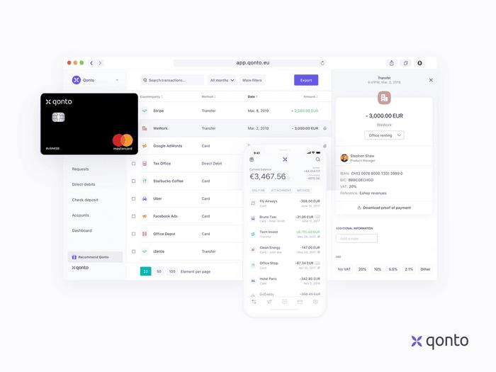 Une capture de la carte bancaire et application Qonto