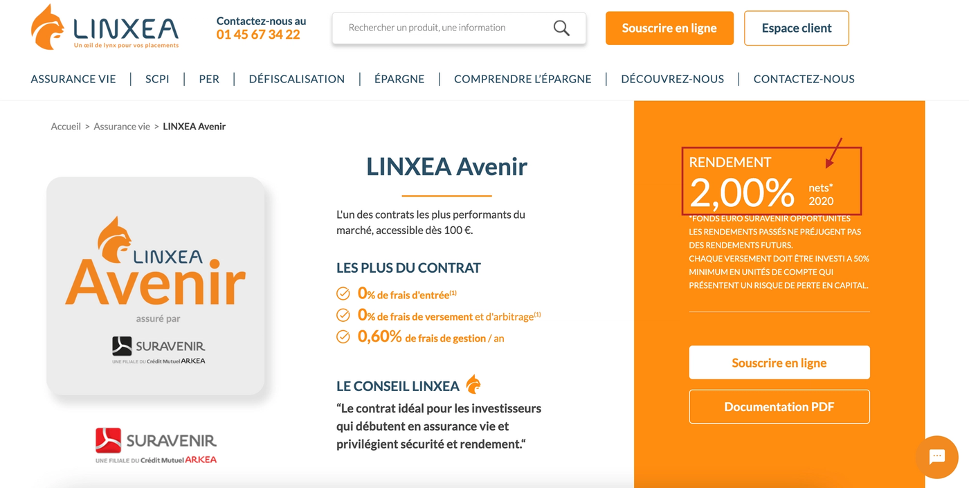 Capture d'écran frais assurance vie LINXEA avenir