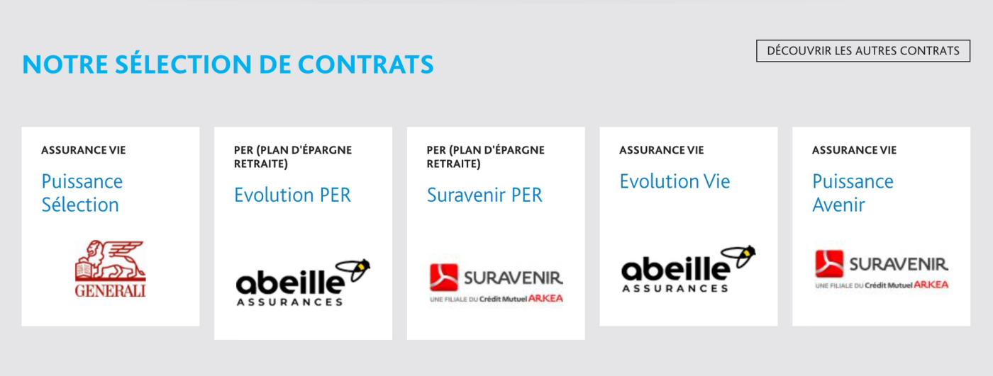 Screenshot contrats proposés par Assurancevie.com