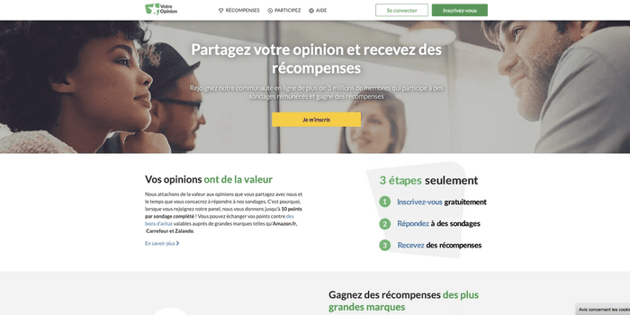 Capture d'écran site de sondages rémunérés Votre Opinion
