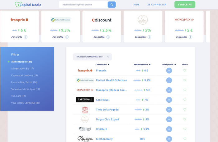 Screenshot cashback alimentation Capital Koala