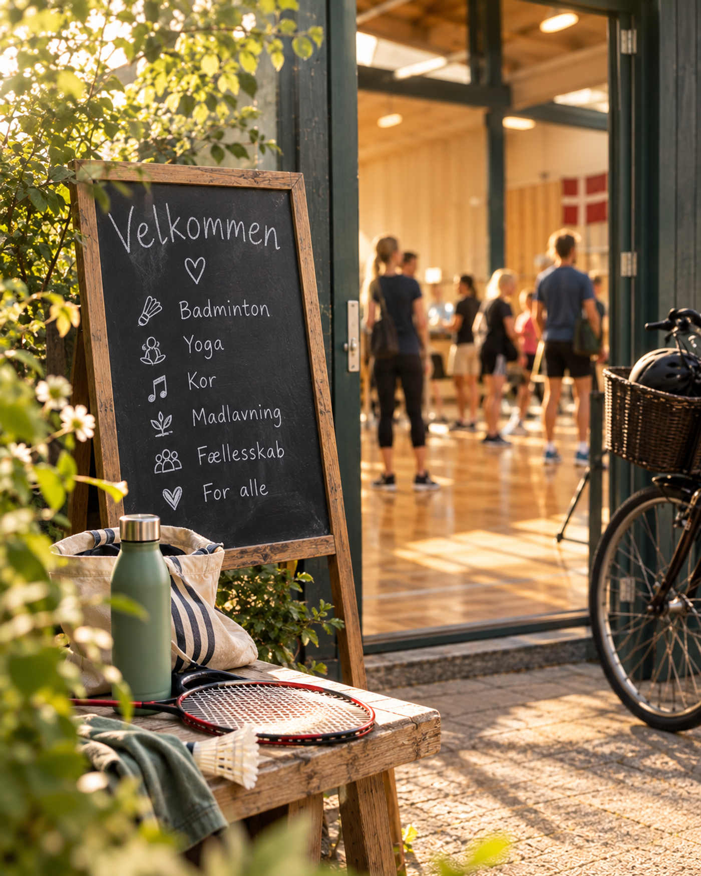 On the board: “Welcome. Badminton. Yoga. Choir. Cooking. Community. For everyone.” [Image created with AI].